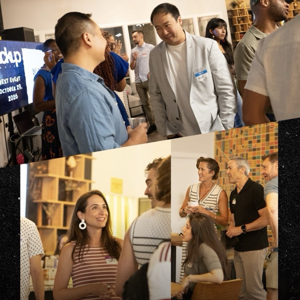 Guests talking in small groups at a Fuckup Nights Chicago event