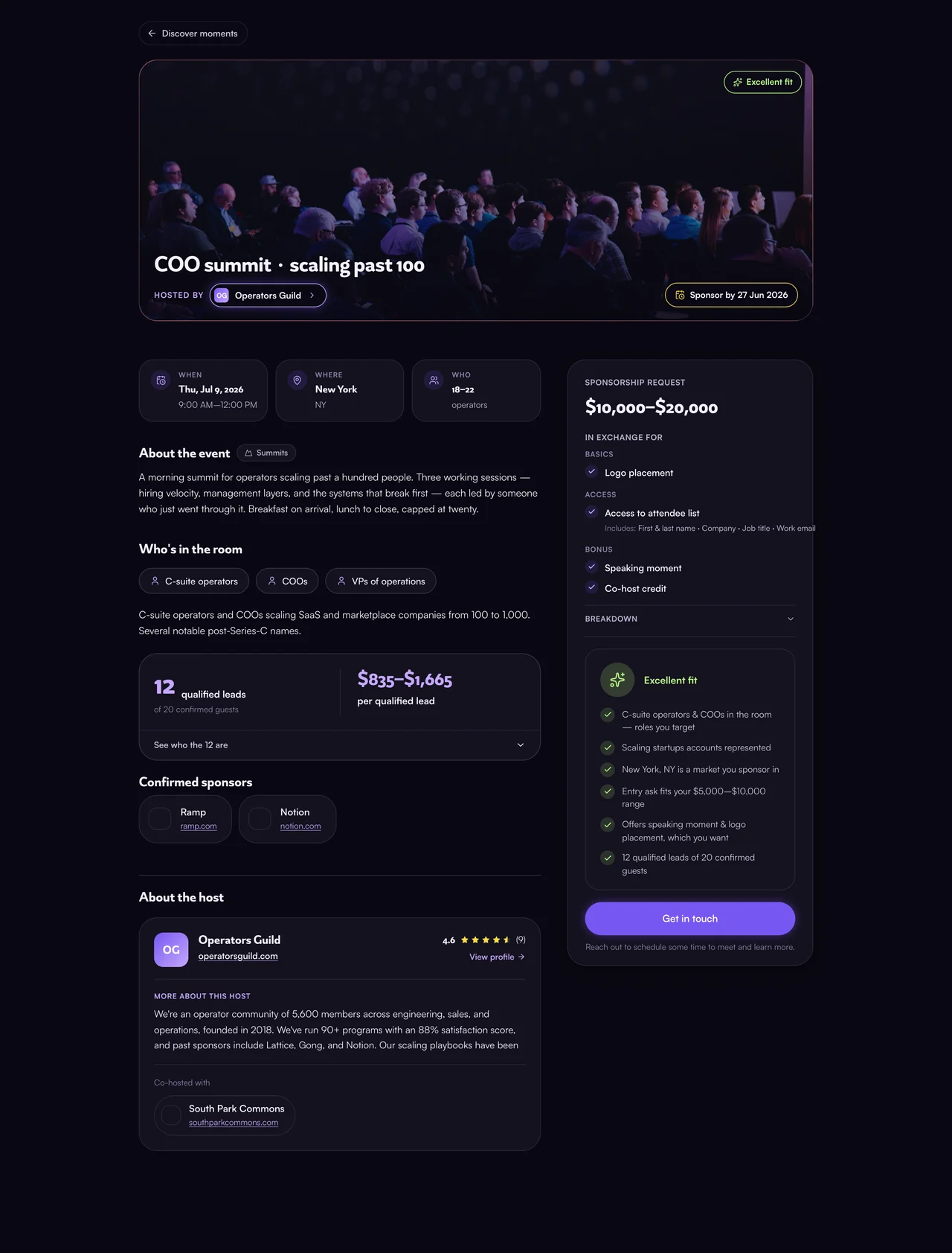 A brief as a sponsor sees it — the event, the room, qualified leads and cost per lead, the host and co-host, and the ask with its deliverables and fit reasons.