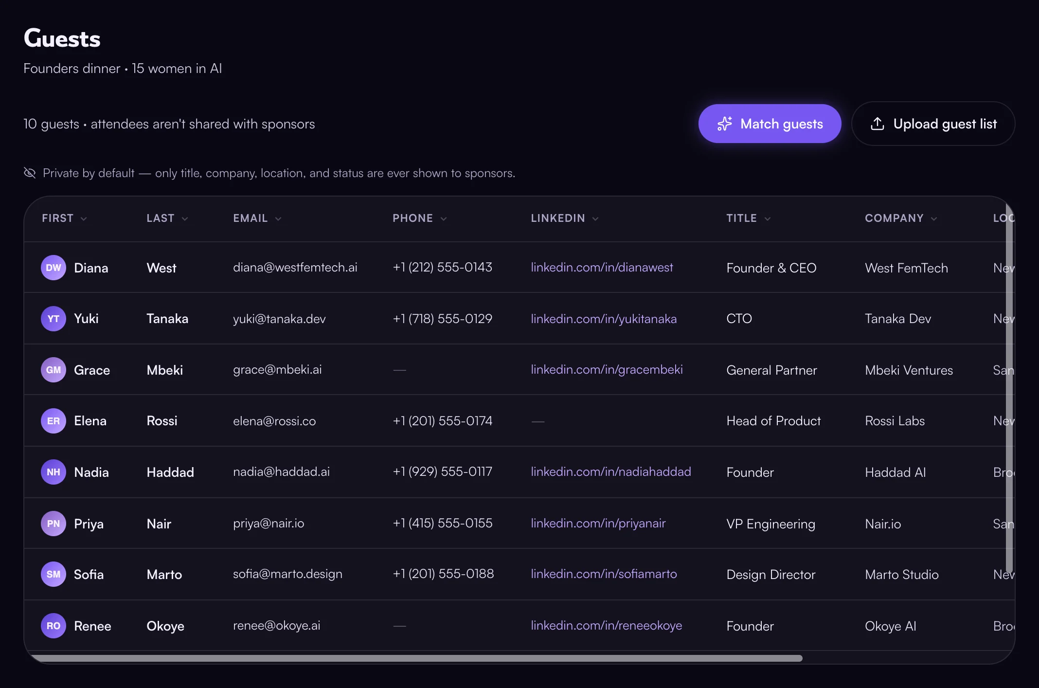Your Guests page after an upload — every column from your file, names and contact details included. Only you see this. Open it from your moment with View and add guests.