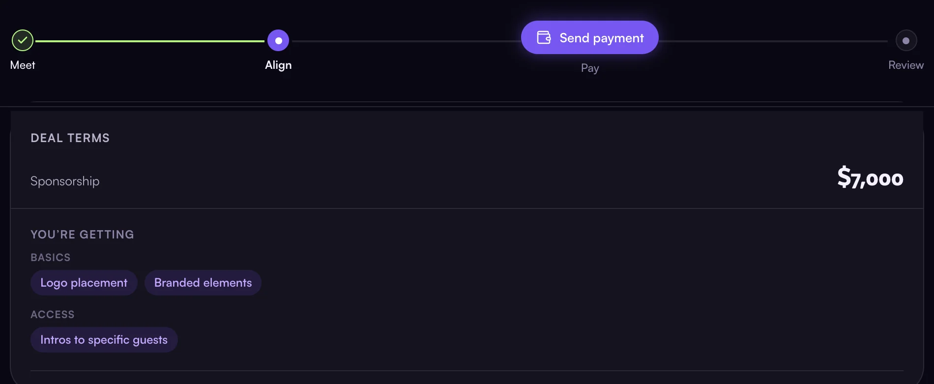 A deal reached, as the sponsor sees it — the terms you both accepted are locked below, and Send payment is the sponsor’s next step on the timeline.