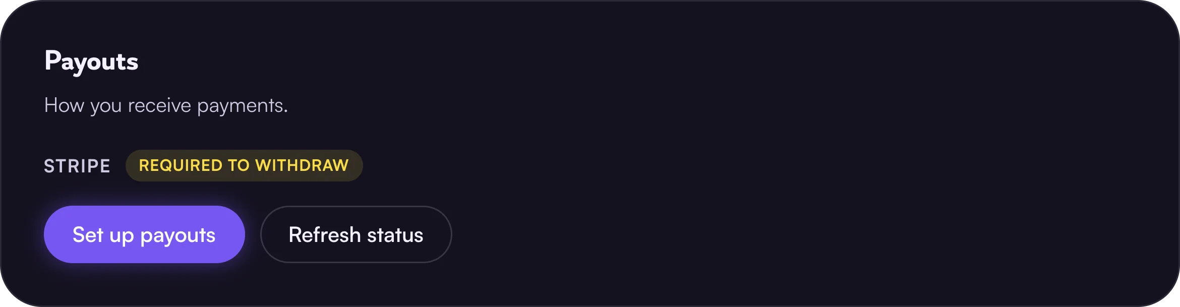 Payouts in Settings — Set up payouts connects Stripe so sponsor payments can reach your bank.