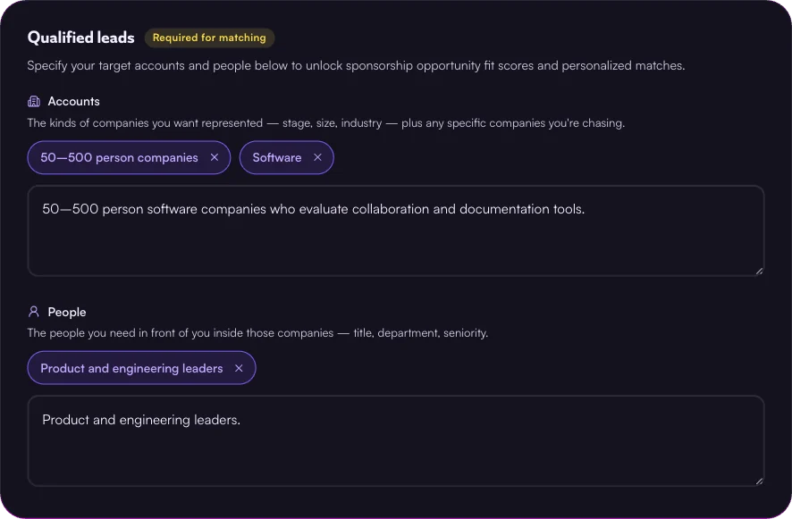 Your ideal customer profile in the Sponsorships tab — the accounts and people you want in the room, drafted from your website for you to edit.